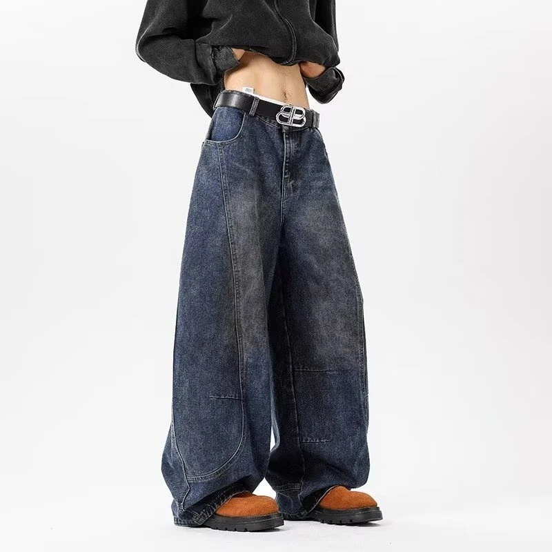 美式解构弯刀牛仔裤男春季新款宽松拼接裤子直筒阔腿拖地长裤潮流