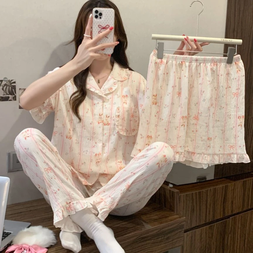 新款粉条纹可爱印花短袖带杯垫三件套睡衣减龄绵柔透气女套装2067