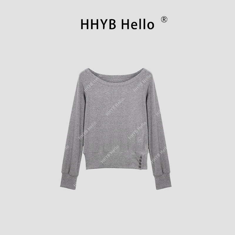 HHYB Hello一字领长袖收腰下摆纽扣T恤纯欲宽松内搭打底衫240470