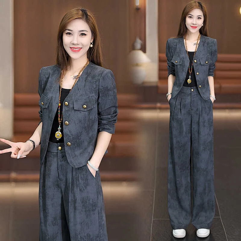 休闲运动服套装女2025年秋季新款洋气减龄单排扣外套阔腿裤两件套