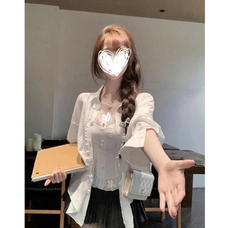 FRVXO 韩系学姐 夏季休闲小众宽松衬衫纯欲背心短款百褶裙三件套