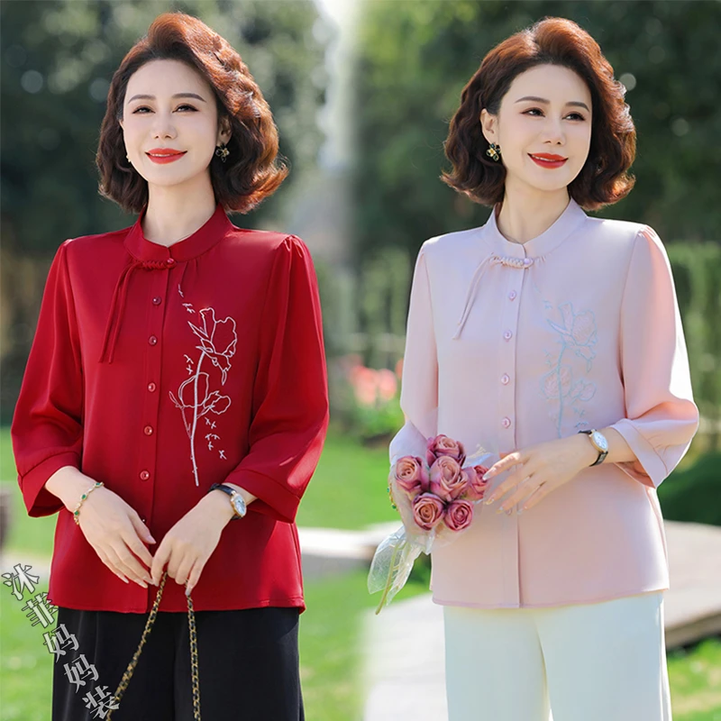新款气质妈妈装时尚小衫洋气中老年女装高级感中式国风中袖衬衣