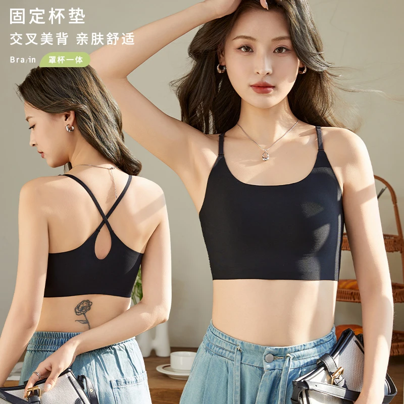 黑色可外穿美背内衣女内搭裹胸运动带胸垫一体背心小吊带抹胸上衣