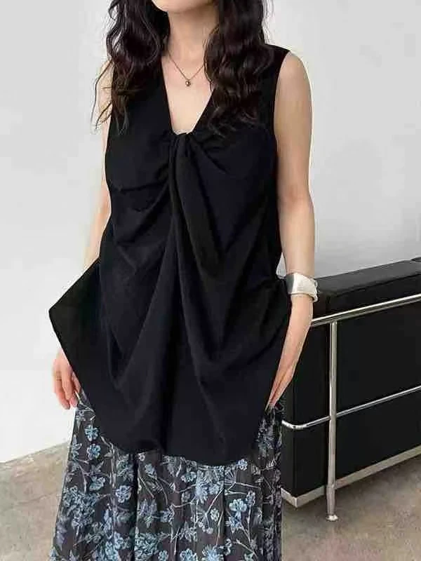 【613】伊#时尚百搭褶皱无袖宽松上衣