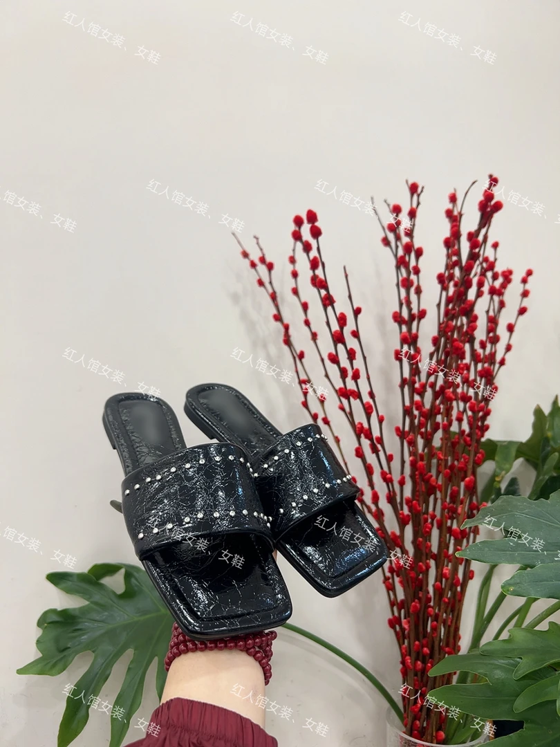 828韩式高级感柳钉小香黑色一字拖鞋56-13