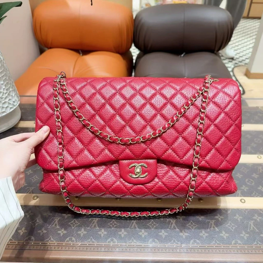 95新 Chanel/香奈儿 CF  Max机场包超大号红色荔枝皮金扣链条包