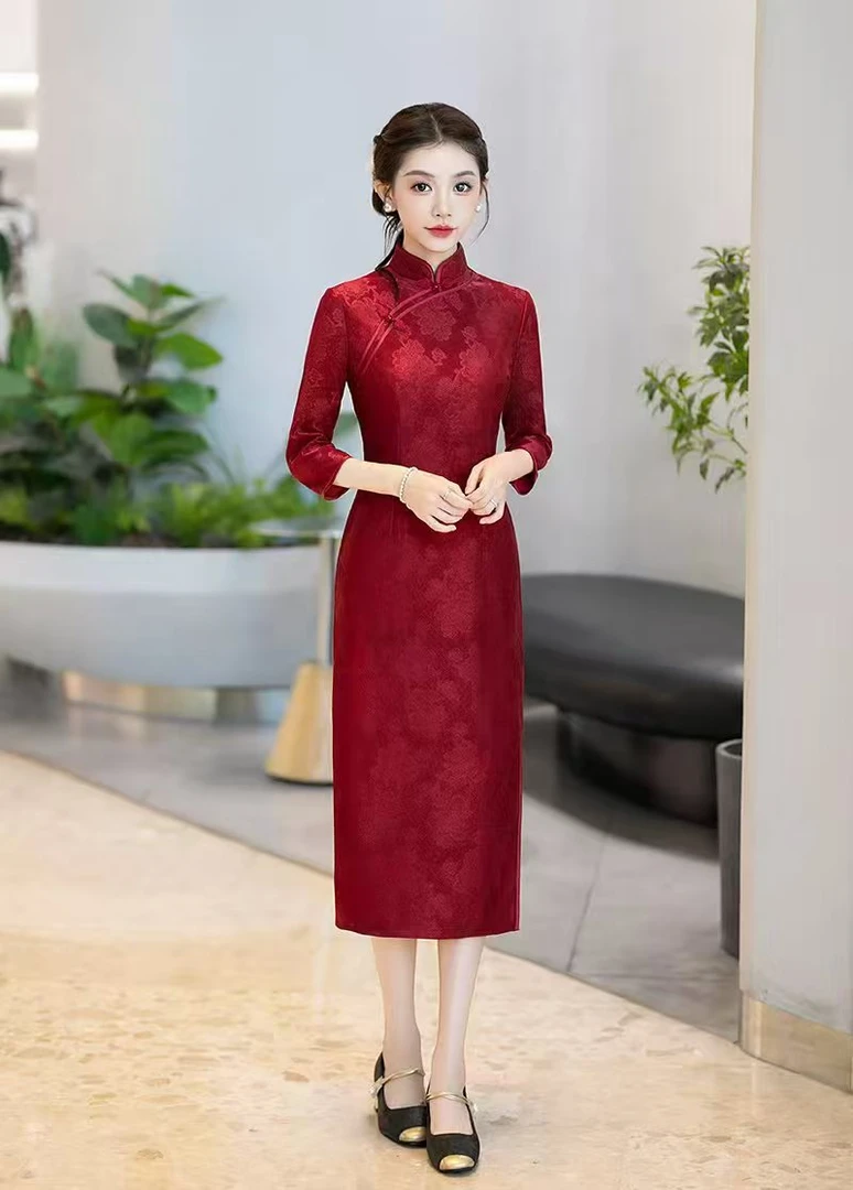 婚礼喜妈妈 中长款提花长袖低领复古低开衩旗袍中国风红色秋冬