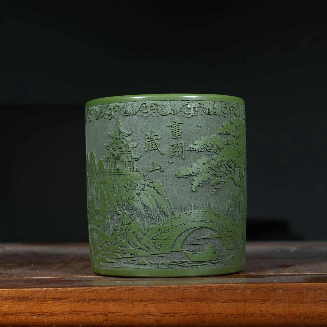 宜兴原矿绿泥刻绘书阁藏山紫砂手工主人杯容量160CC