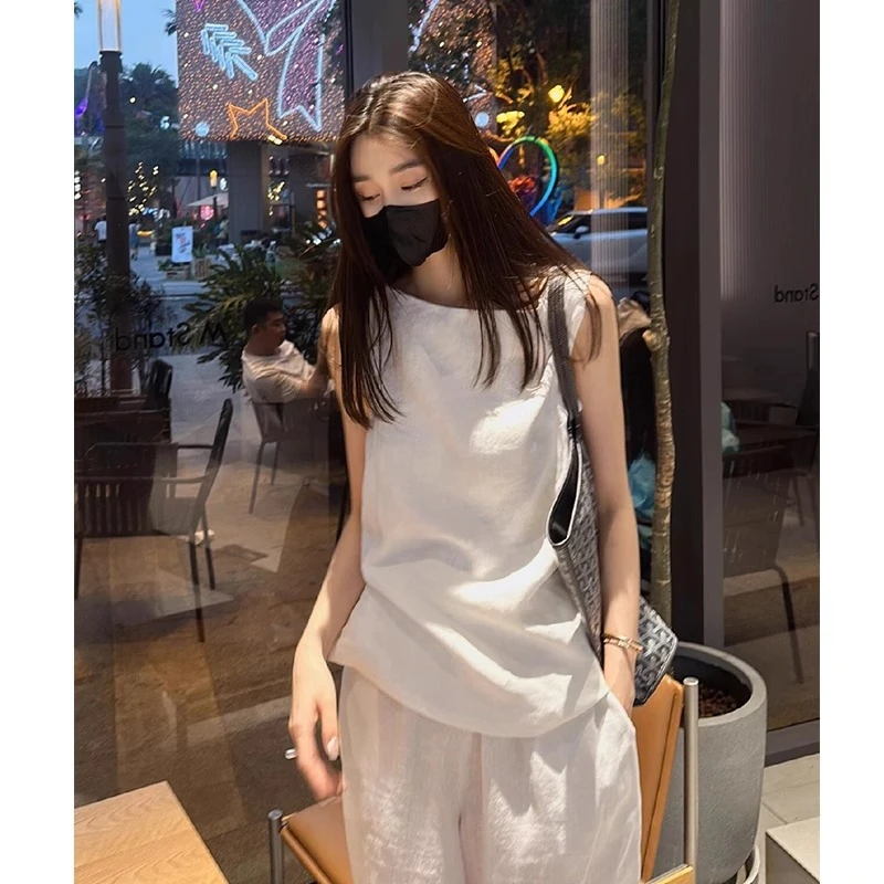 气质棉麻套装女2025休闲慵懒风穿搭显瘦无袖上衣阔腿裤亚麻两件套