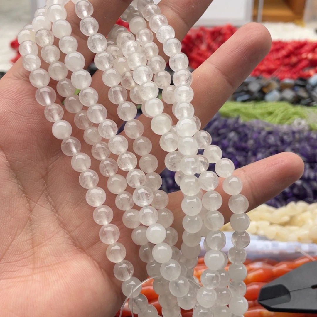 玛瑙/玉髓未镶嵌珠宝半成品一条装卡6mm白水白阿赛圆珠