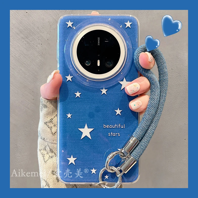 适用华为mate70pro+手机壳蓝色牛仔纹Mate60pro+白色英文星星手绳