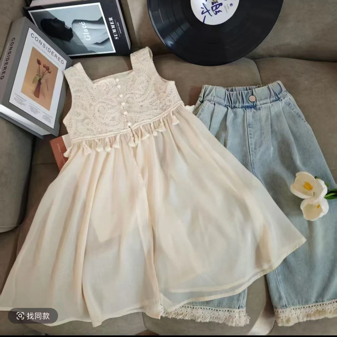 女童夏季新款吊带裙套装洋气吊带裙女宝宝花边休闲牛仔裤两件套
