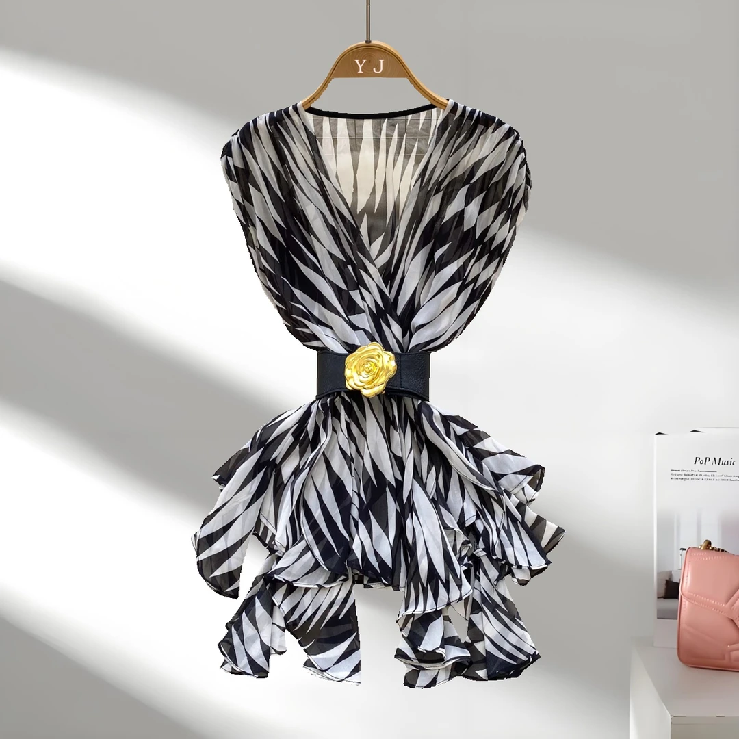 法式洋气无袖衬衫网纱交叉领腰带不规则设计轻熟御姐上衣品质女装