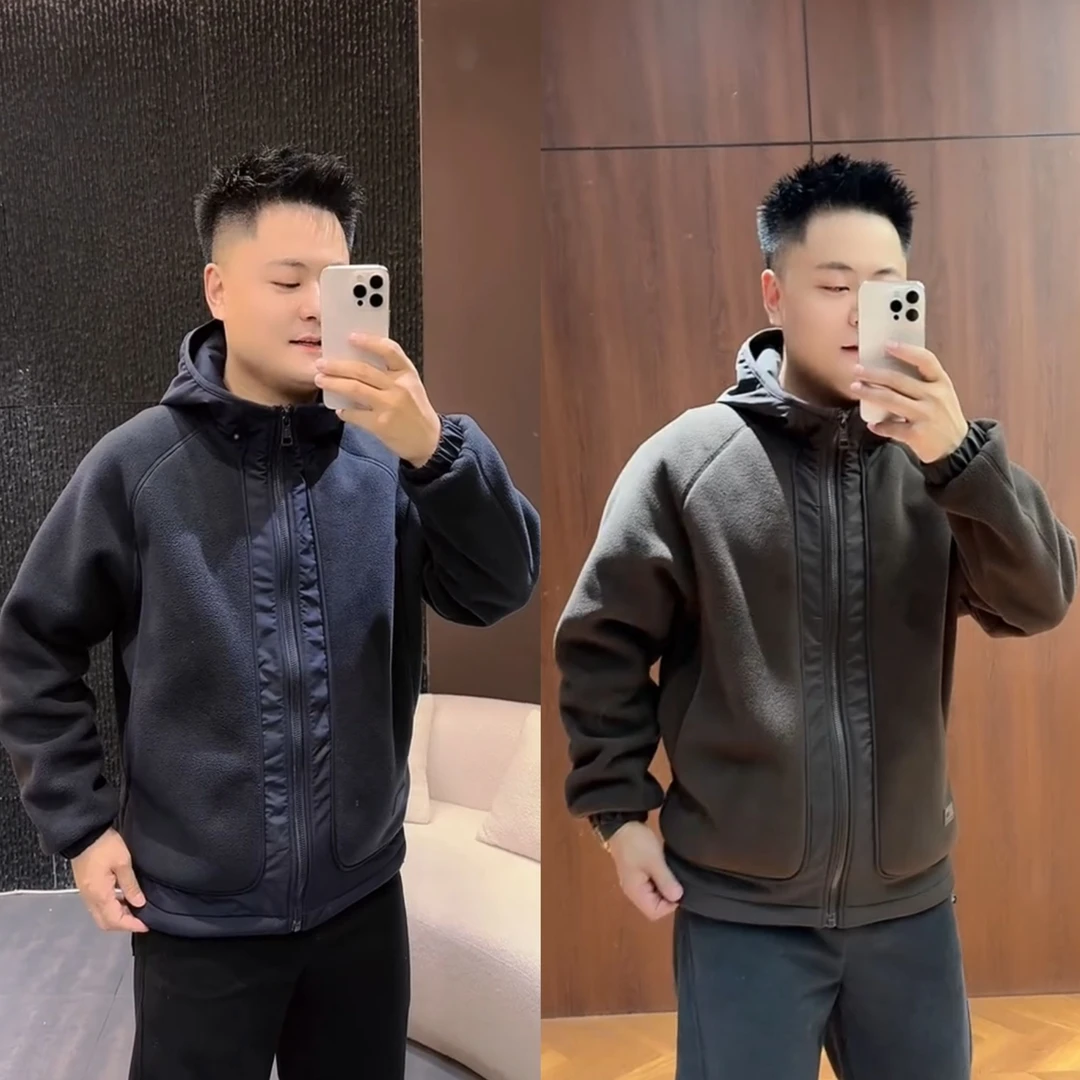 秋冬新款拼接摇粒绒连帽卫衣外套男士痞帅慵懒风挺括百搭情侣夹克