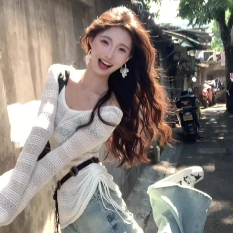 白色镂空喇叭袖针织衫女夏季2025新款高级感防晒罩衫薄款宽松上衣