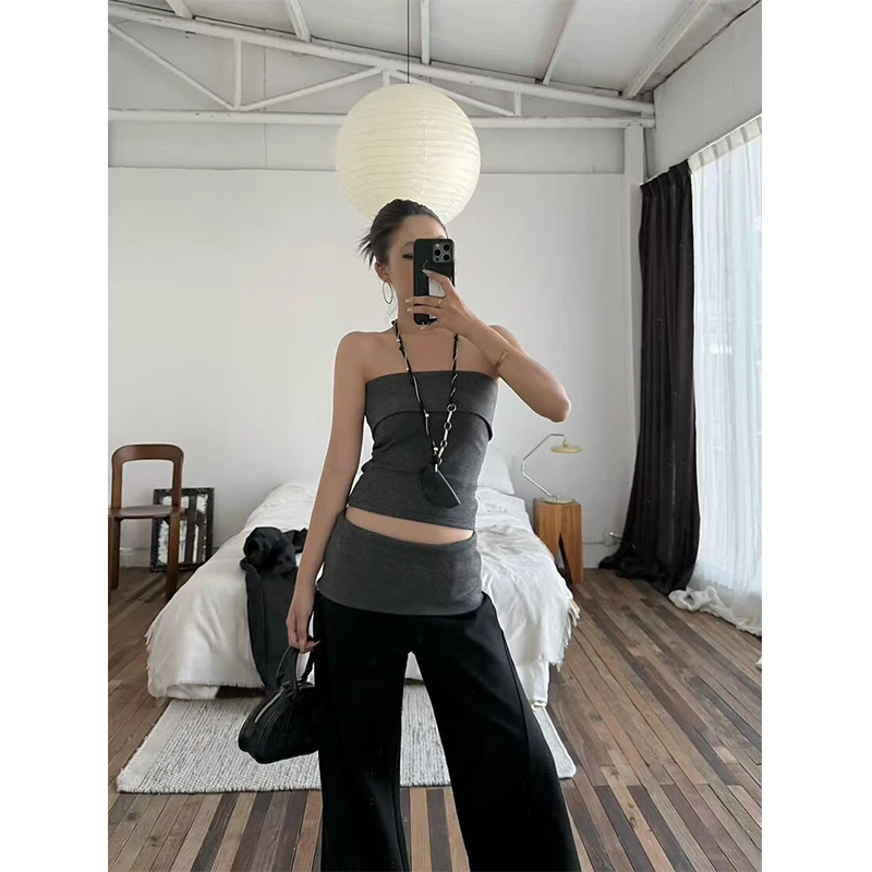气质翻边小心机辣妹性感条纹抹胸背心时尚套装女秋季新款阔腿长裤