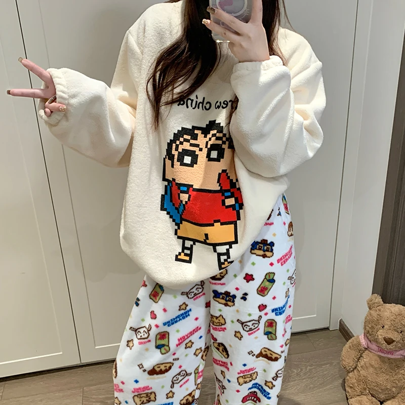 冬季保暖加厚宽松米粒绒睡衣女家居服套装卡通甜美ins小新女微胖