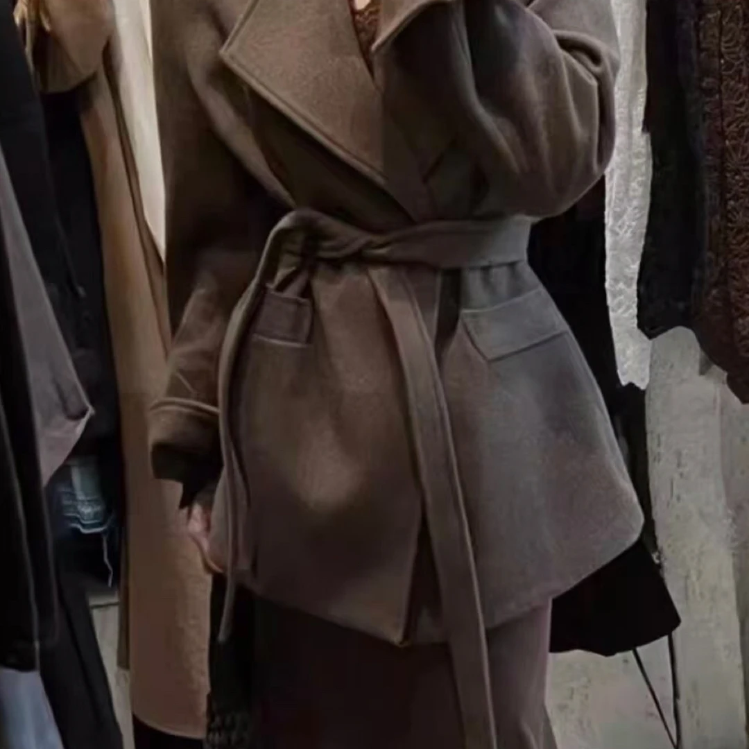 【月姐家】高级气质翻领呢子收腰系带外套女2025秋冬新款宽松中上衣