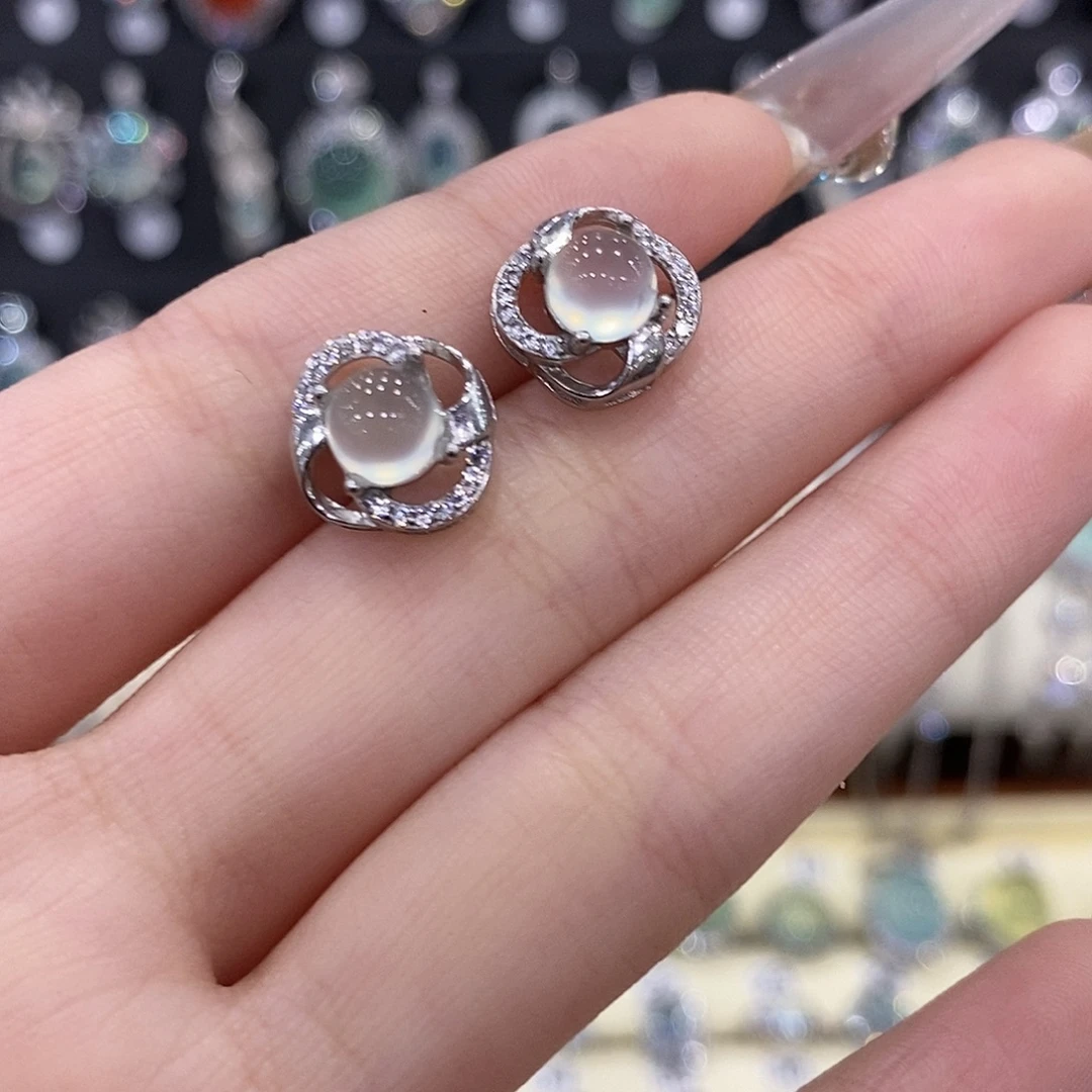 蛇纹石玉银S925镶嵌耳钉