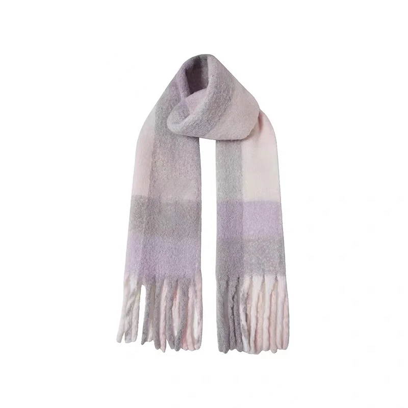 露思同款粉紫灰格纹流苏大围巾