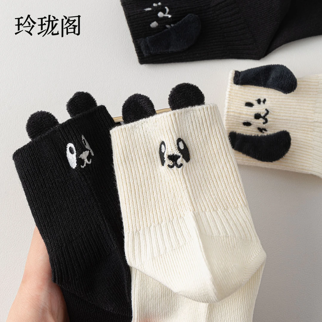 小狗袜子女秋冬纯棉防臭中筒袜无骨创意卡通立体耳朵搞怪白色长袜