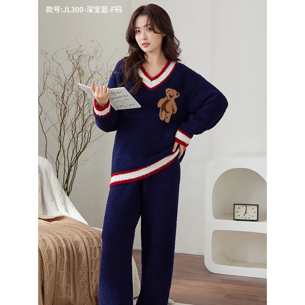 2025半边绒家居服小熊女款鸡心领套装