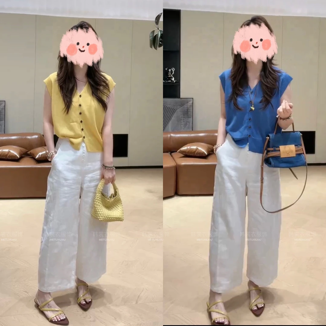 夏季减龄时尚开衫百搭V领短袖搭配单排扣高腰休闲裤两件套