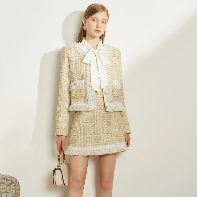 【老板娘夏天】恩曼琳春季小香风复古蕾丝拼接粗花呢短外套EANDAA