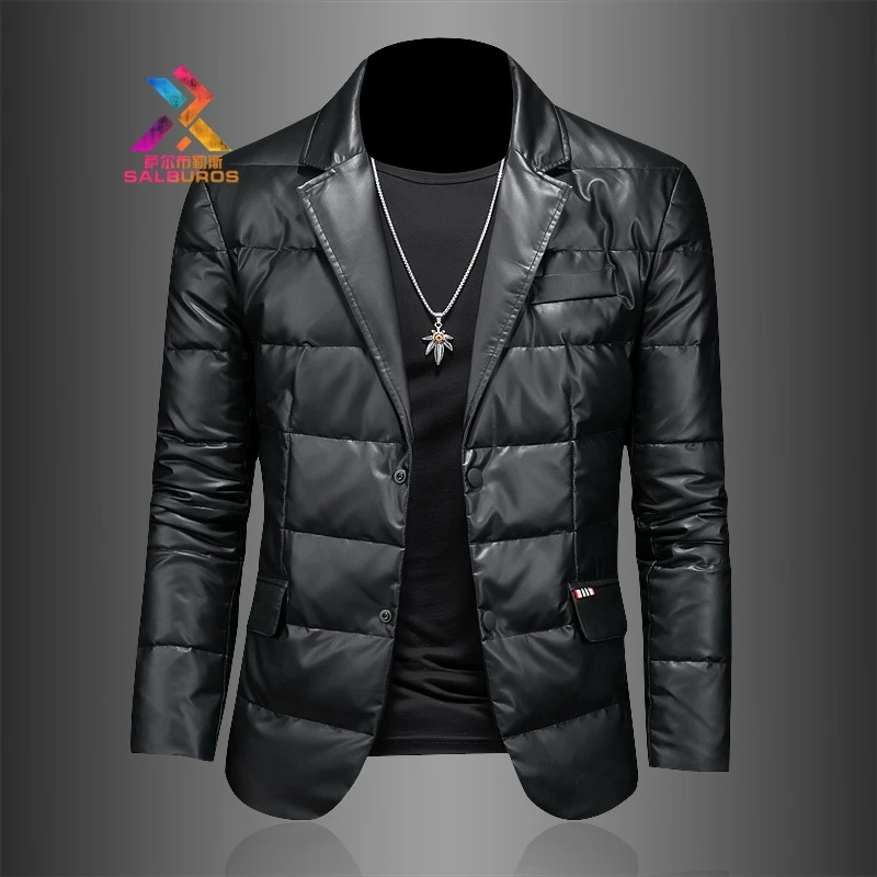 萨尔布勒斯冬季时尚西装领羽绒服男士休闲防风保暖皮衣潮流外套