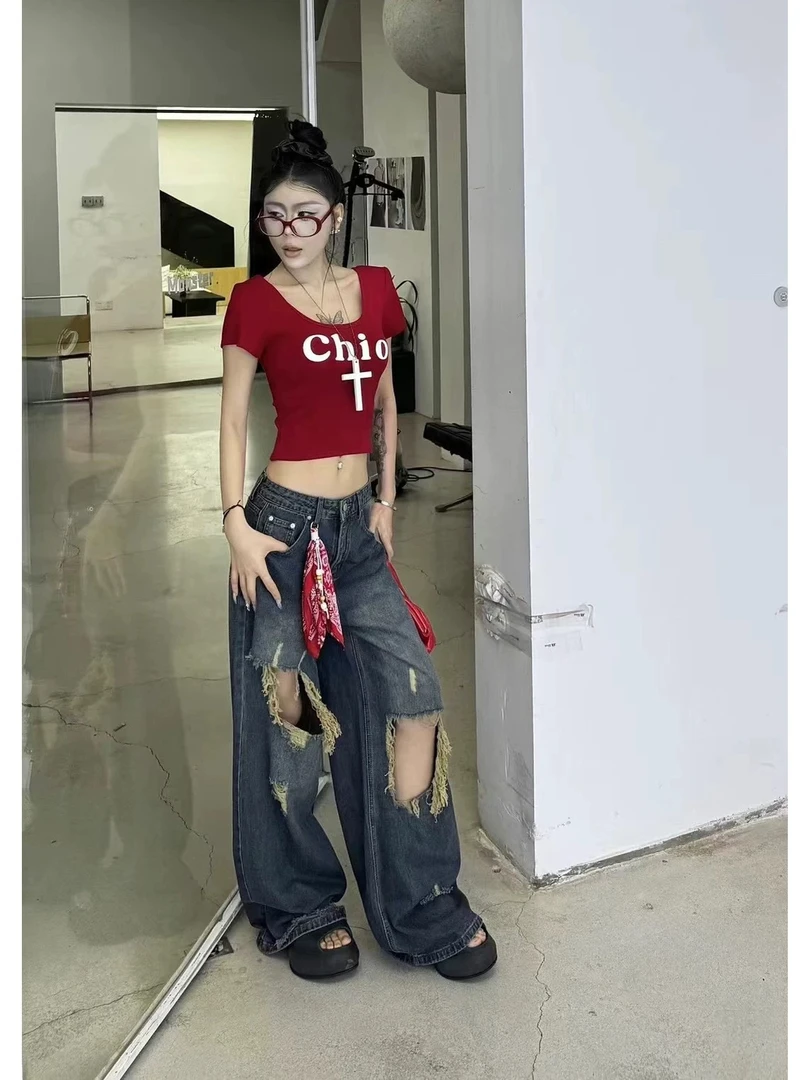 美式复古直筒阔腿裤2025年夏季宽松显瘦高腰破洞牛仔裤女长裤薄料