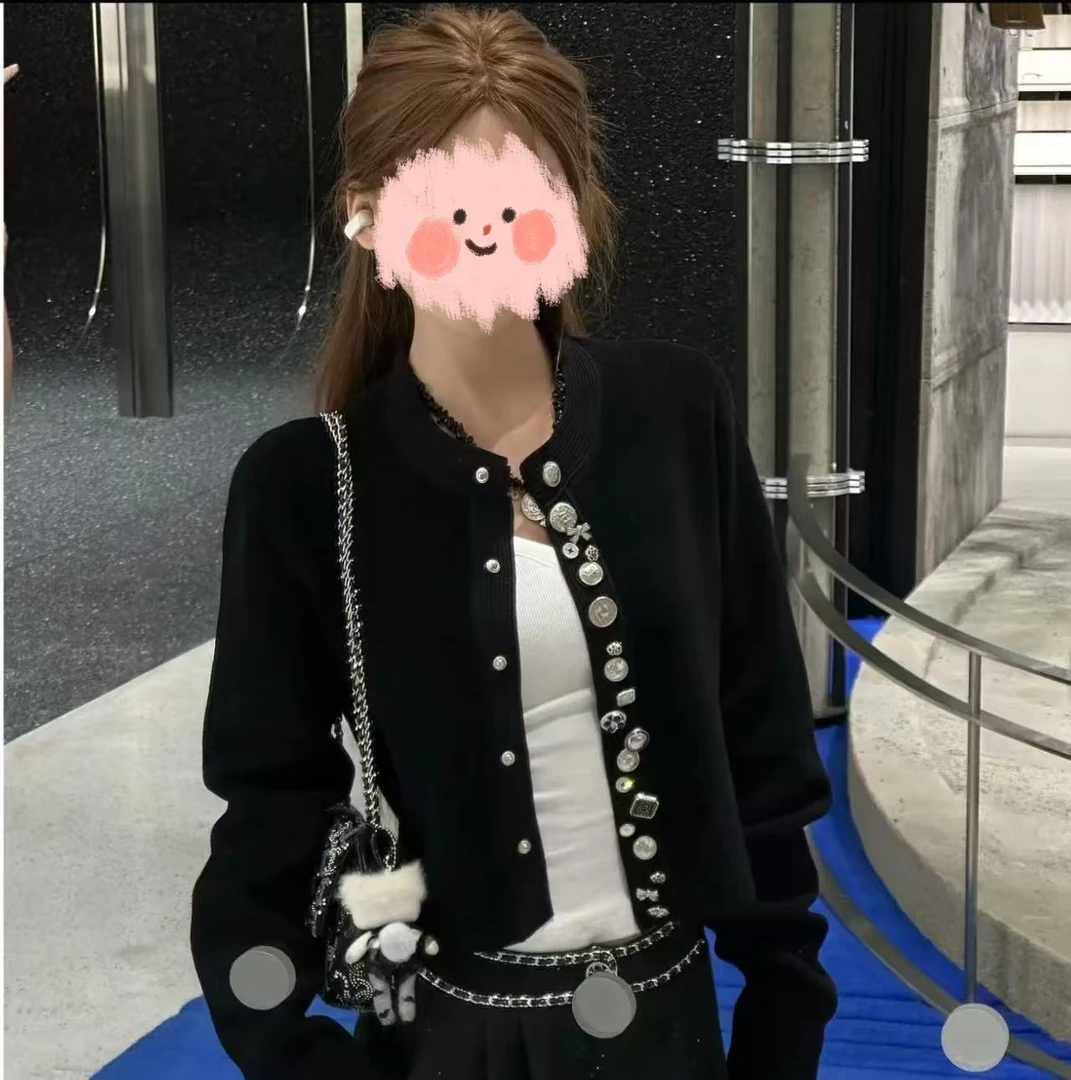 2025秋季黑金玫瑰针织毛衣气质名媛小香长袖开衫休闲定制百搭长裤