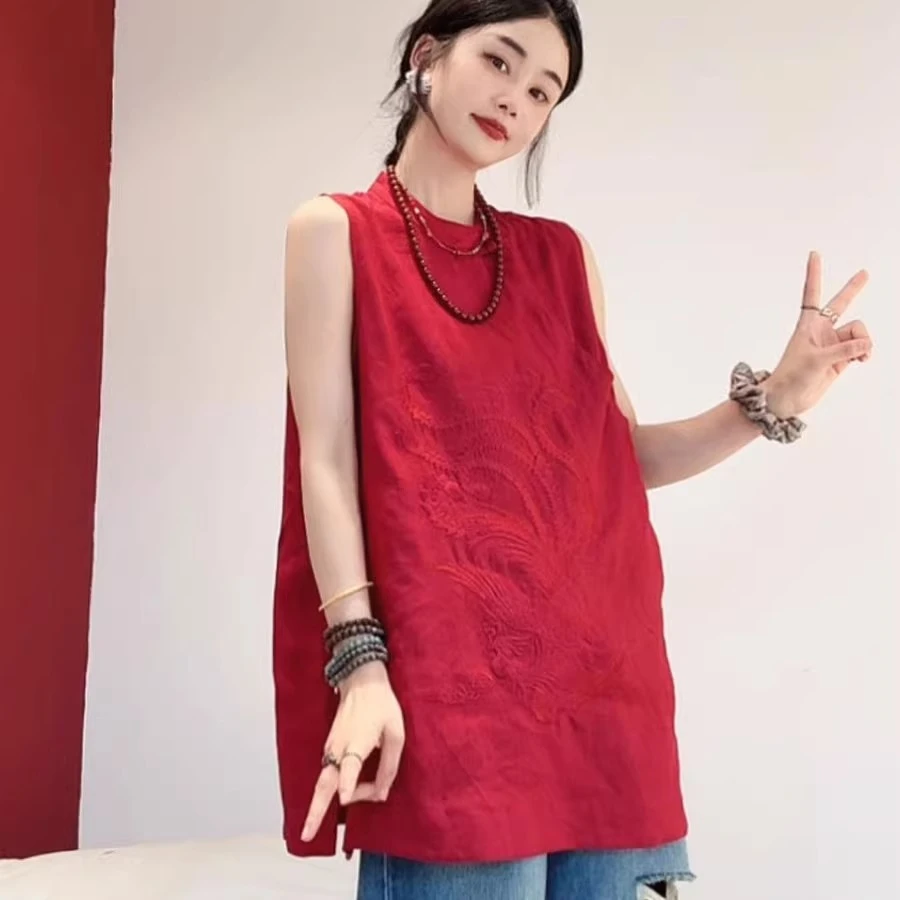 欧货洋气小众轻奢高级感新中式国风红色无袖衬衫女夏季刺绣上衣潮