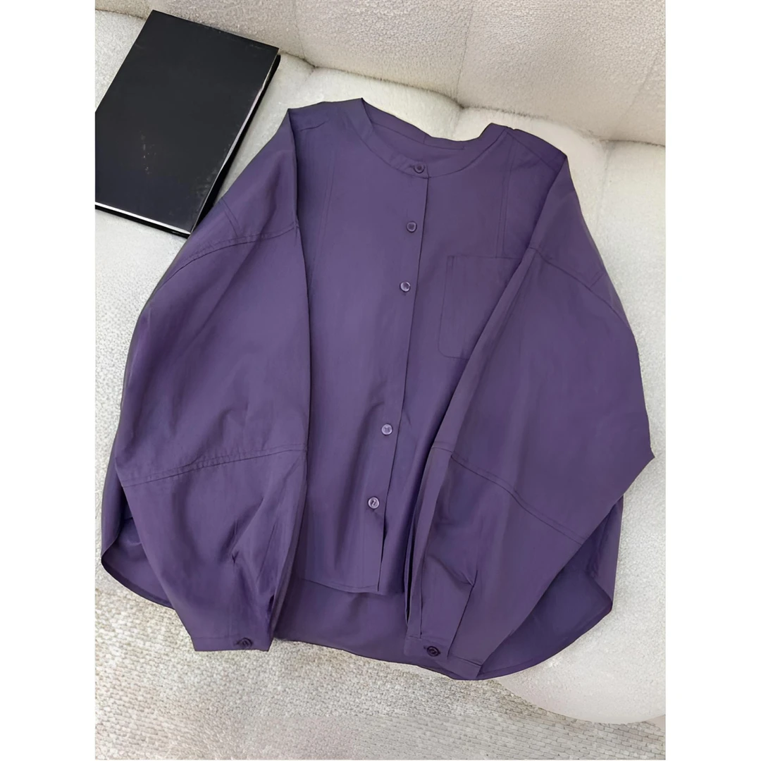 这版型巨爱！紫色圆领单排扣衬衫女2025早秋时尚气质法式长袖上衣