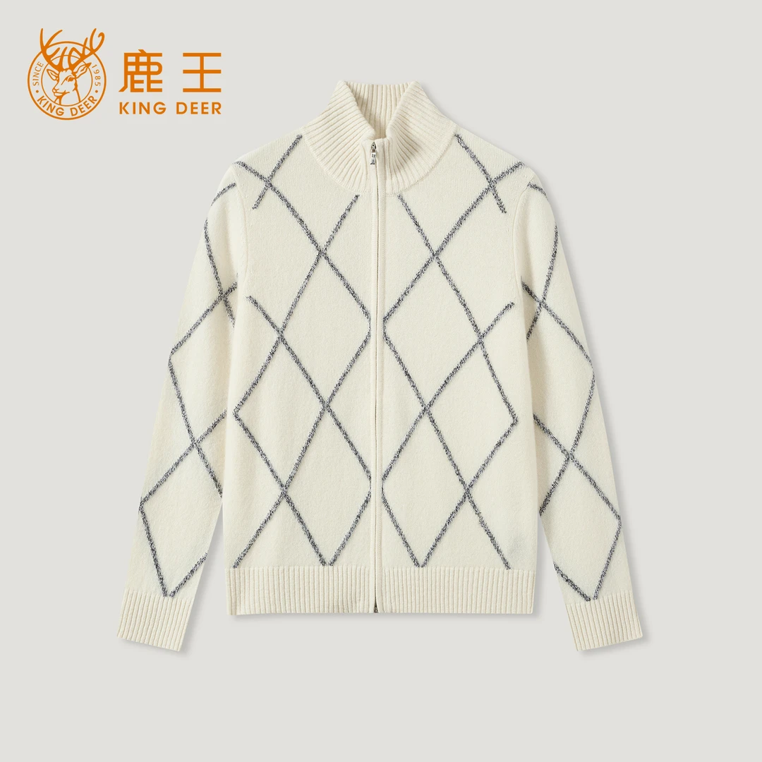 King Deer/鹿王25纯山羊绒高领拉链秋冬菱形高级针织外套L805621