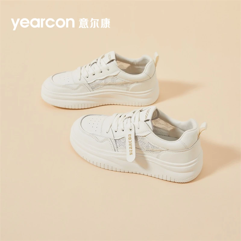 意尔康板鞋女2025新款秋季透气厚底潮流休闲网面爆款蕾丝边小白鞋