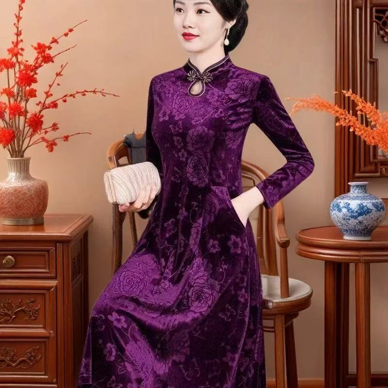 2024春秋高档旗袍裙新款金丝绒连衣裙时尚减龄遮肉中长裙旗袍裙子