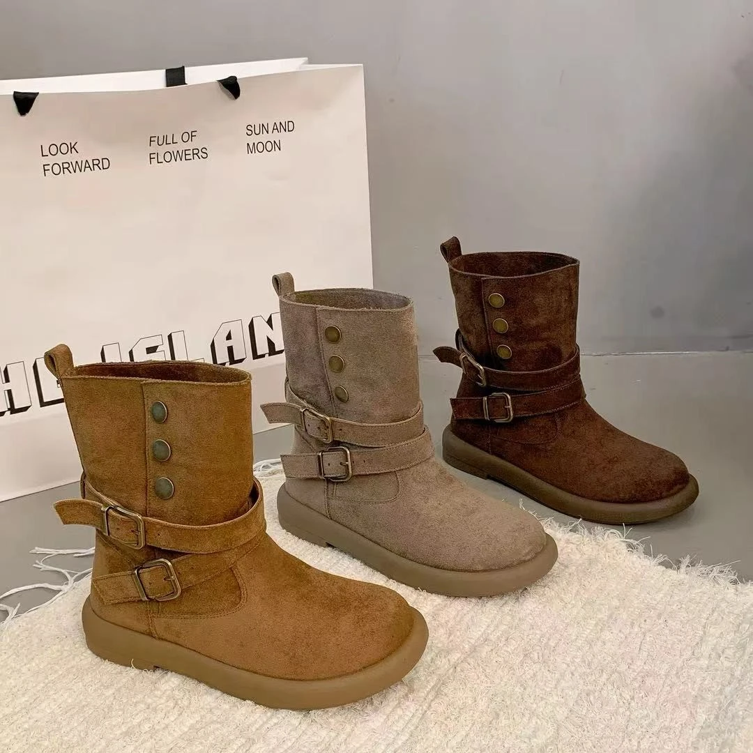 复古休闲两穿勃肯鞋女小短靴2025秋冬休闲韩版软底马丁靴中筒裸靴