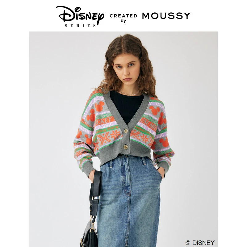 MOUSSY 早秋合作款米奇图案印花长袖针织开衫上衣028GAL70-5020