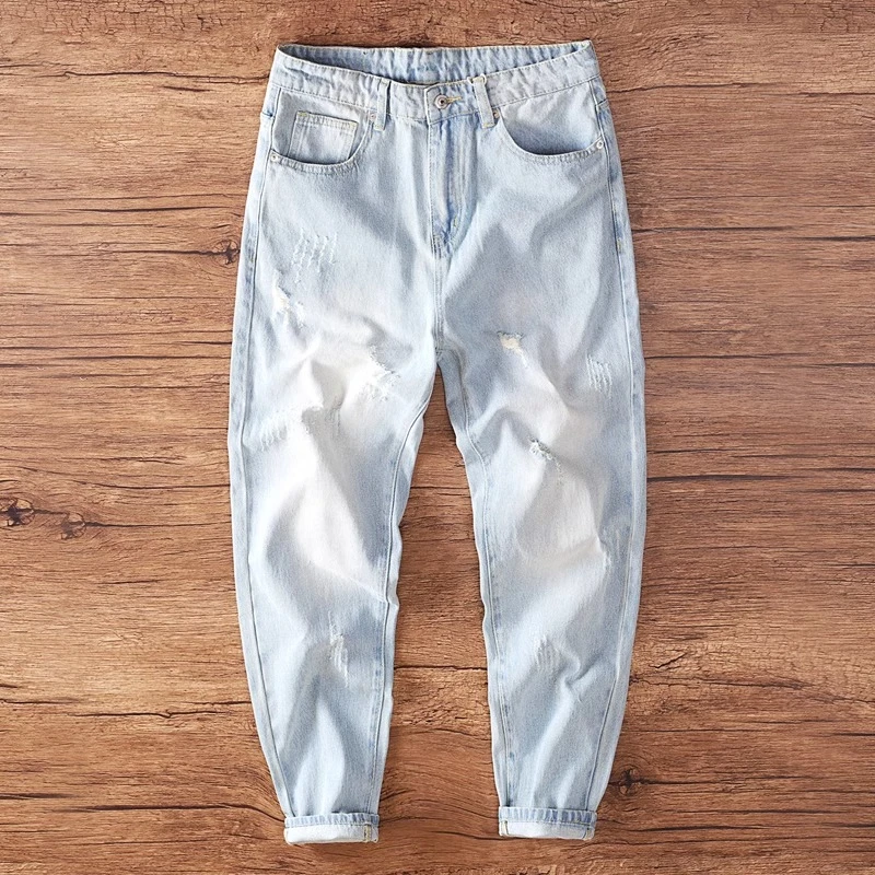 法国Cebrodz春秋季潮牌男士牛仔裤子复古宽松小脚哈伦水洗九分裤