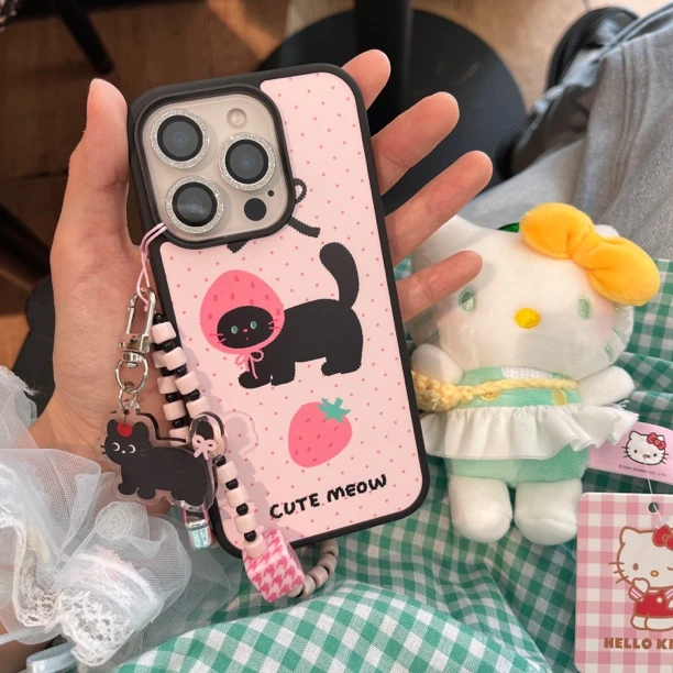 可爱卡通波点小黑猫菲林壳可爱趣味黑边适用苹果iPhone16pm/15/14