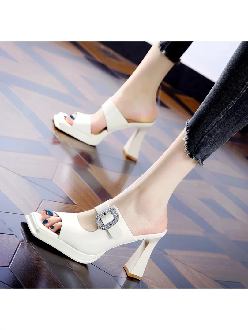 新款欧美性感防水台露趾高跟鞋外穿金属扣气质粗跟一字凉拖鞋
