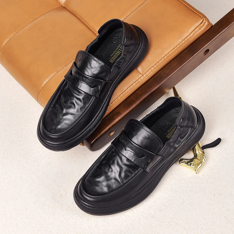 8922皮鞋男真皮牛皮高档商务青年男士休闲头层牛皮百搭厚底豆豆鞋