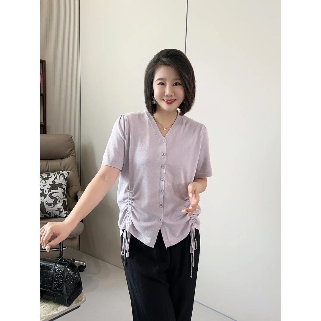 微胖女装【薰衣草冰丝衫】抽绳半袖开衫显瘦减龄短袖上衣2142