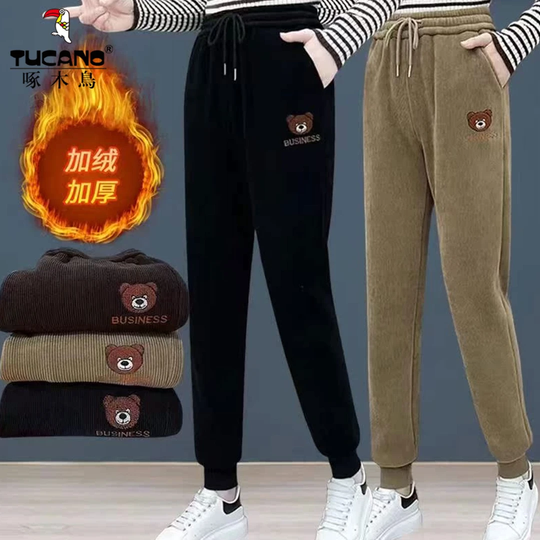 啄木鸟灯芯绒小熊卫裤女秋冬季加绒加厚2025显瘦松紧腰萝卜哈伦裤