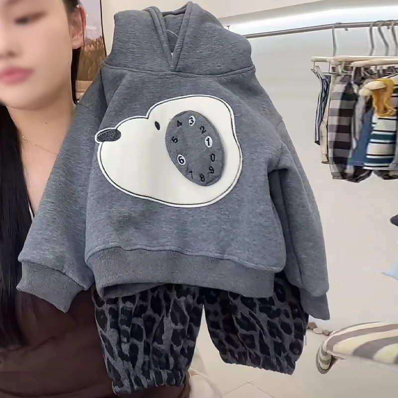 男童连帽卫衣套装加厚中小童上衣裤子两件套卡通儿童秋冬新款加绒