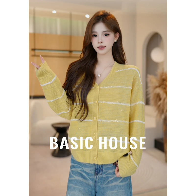 Basic House/百家好优雅气质黄条纹羊毛衫女新款上衣B1195B56A02