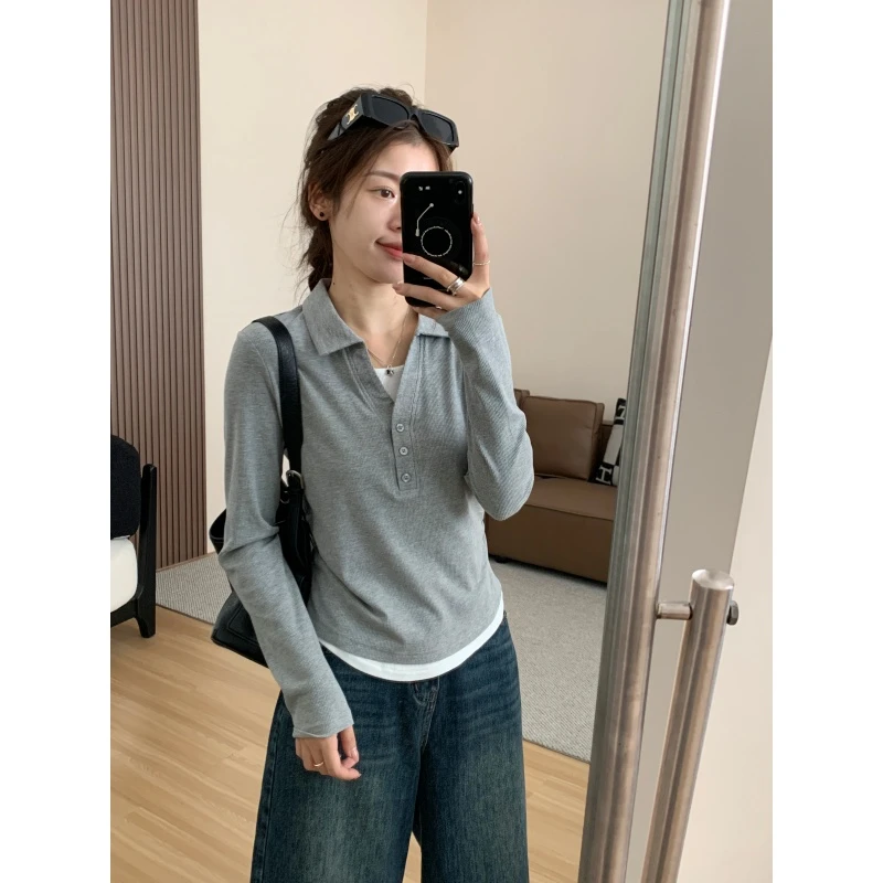 设计感V领假两件长袖T恤打底衫套头秋冬新款百搭显瘦女减龄上衣潮