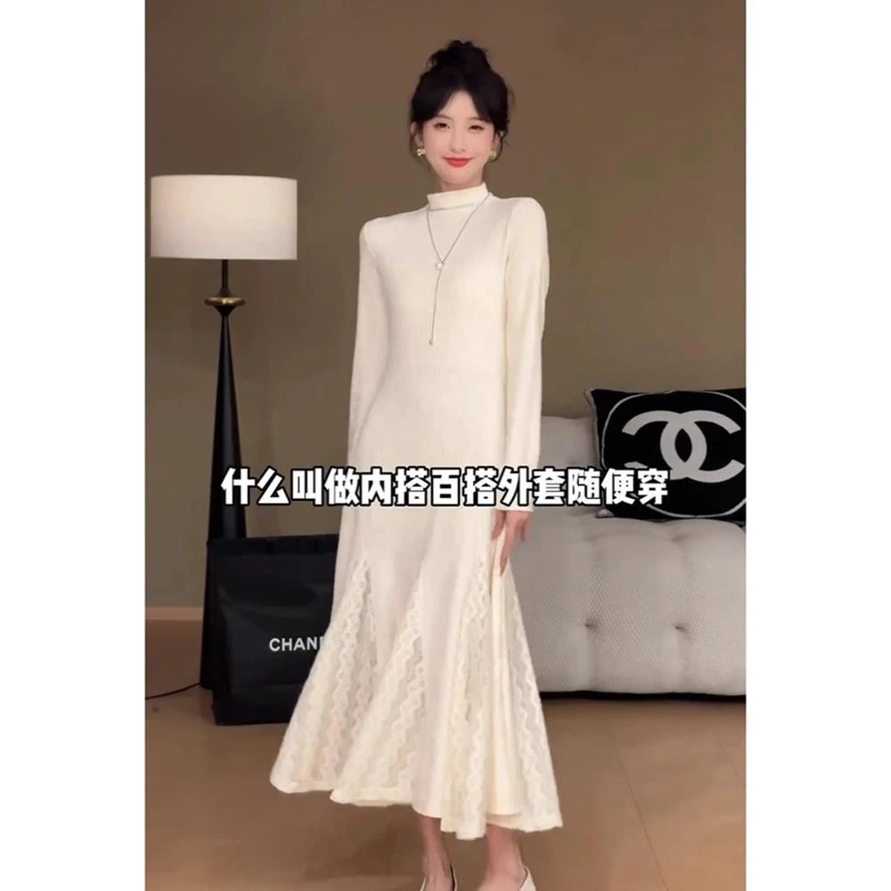 VOCKOO官方配大衣连衣裙女春秋款法式气质蕾丝拼接半高领千金感内