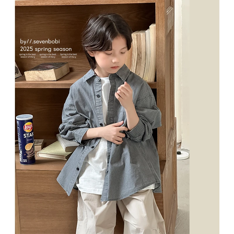 【现货】男童衬衫长袖春秋款2025新款儿童春装帅气百搭春款衬衣潮