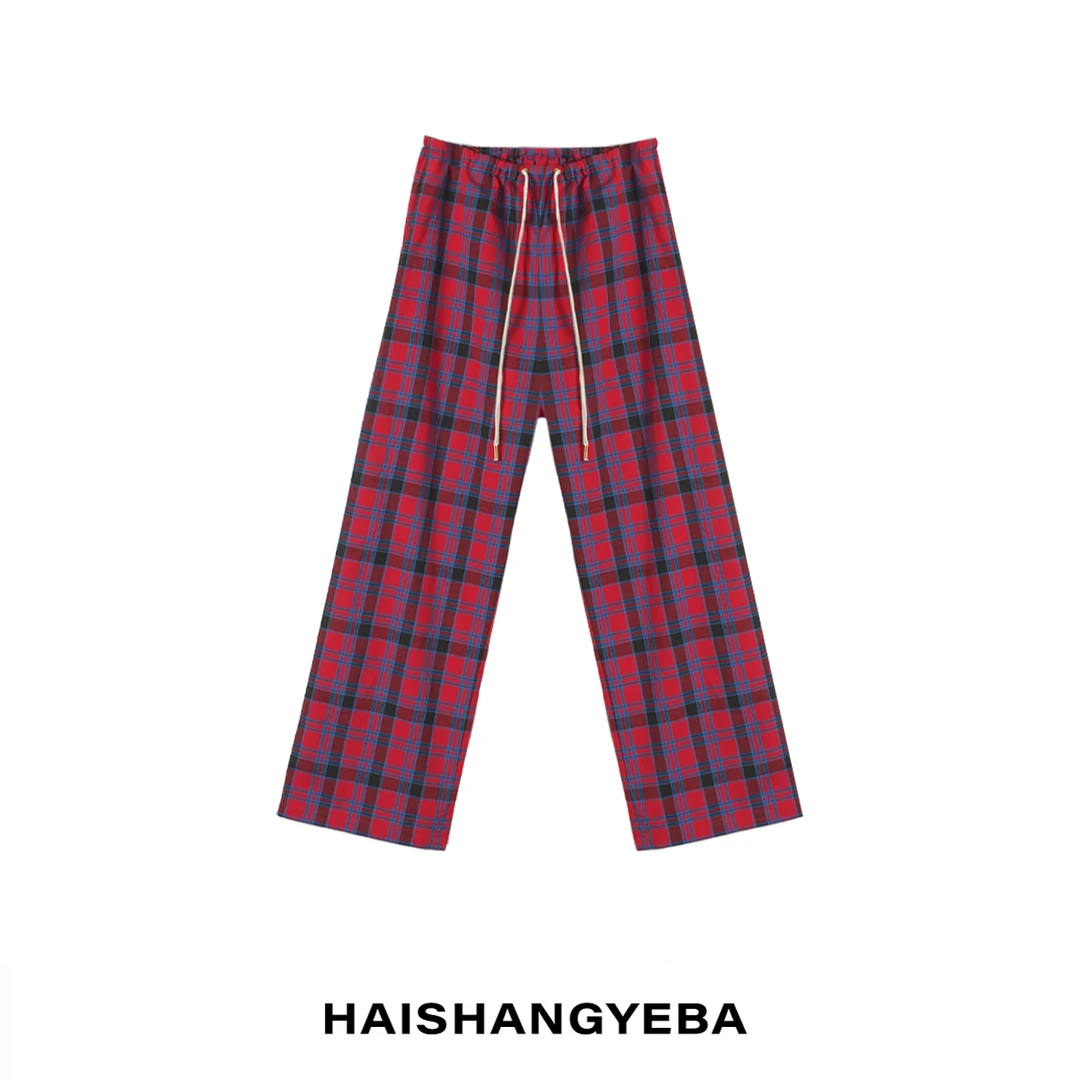 【海上叶爸】新款2025夏季百搭棉松紧腰宽松休闲格纹直筒阔腿休闲裤